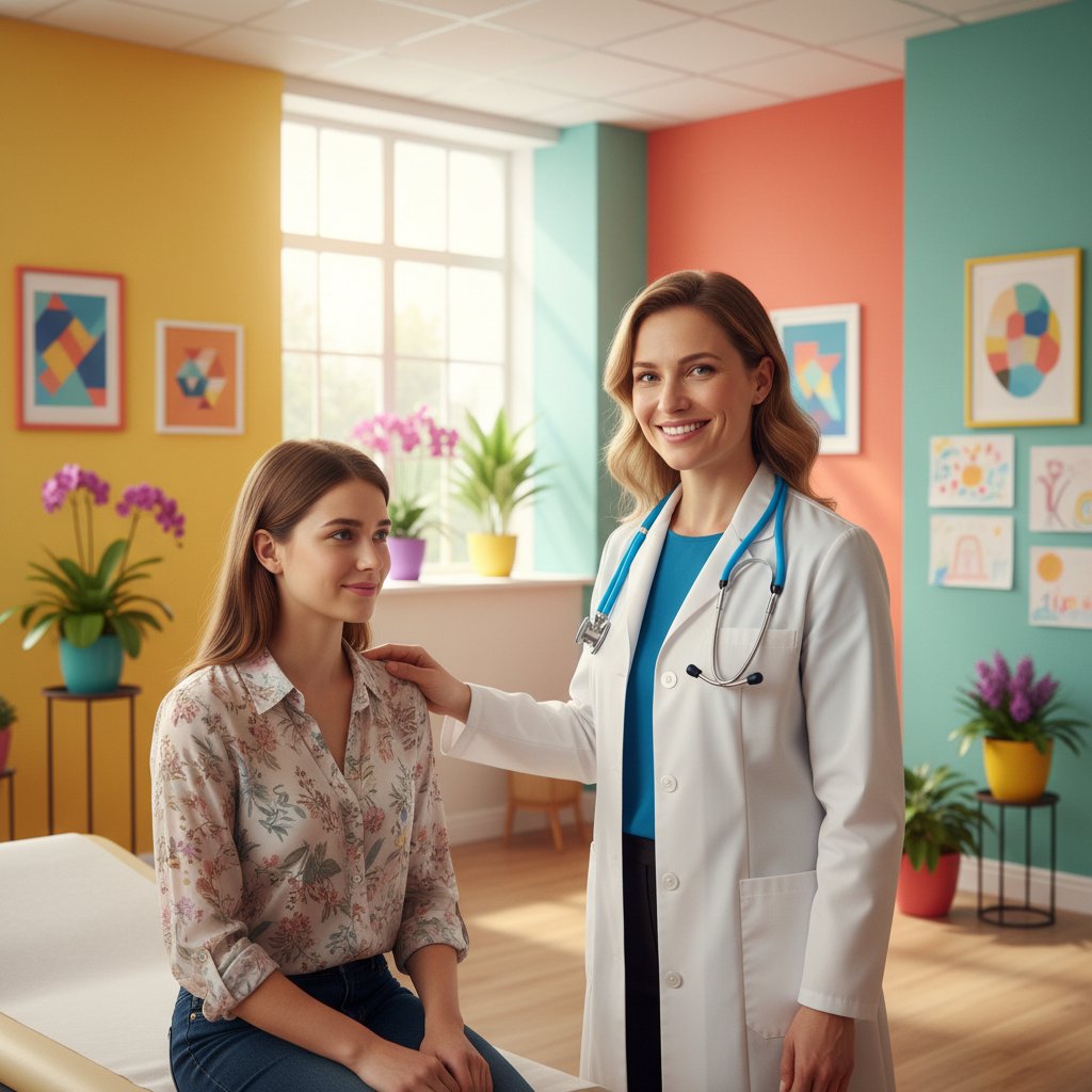 Chest pain from anxiety — doctor reassuring a young woman patient in a bright clinic