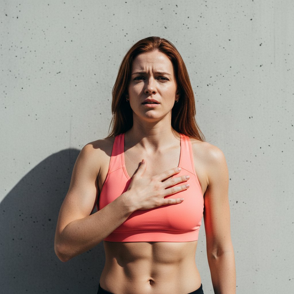 anxiety chest pain — young woman pressing her hand over her chest with shallow breathing