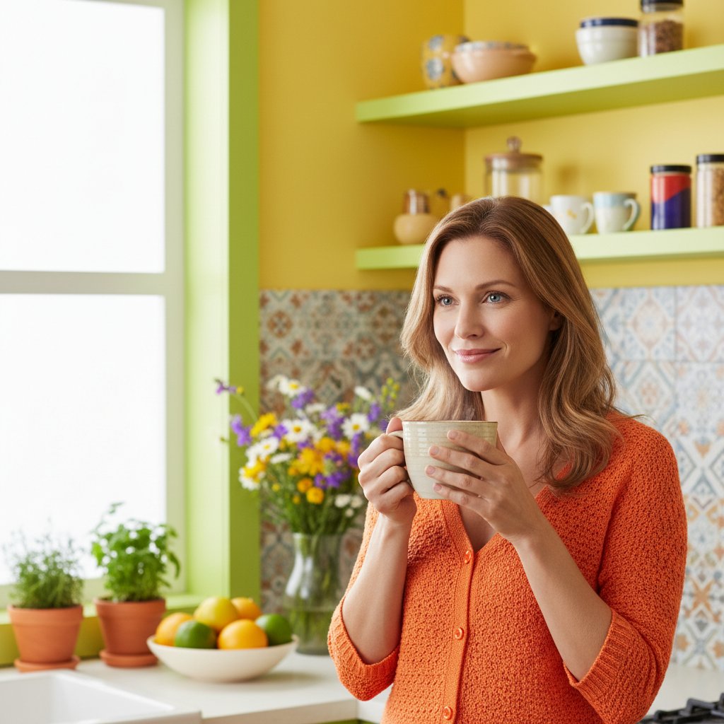 Managing anxiety — woman calmly drinking herbal tea in a bright kitchen