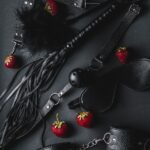 Humiliation in BDSM: What Research Says About Safety چیدمان هنری وسایل چرمی BDSM کنار توتفرنگی روی پسزمینهٔ تیره، نماد نمادین بازی توافقی