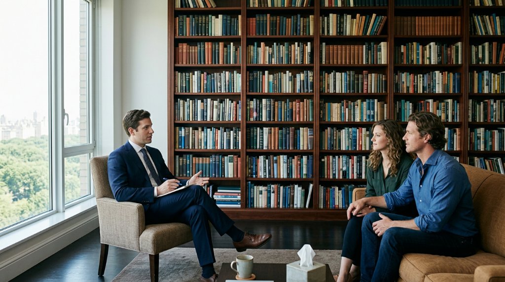 A young couple in a counseling session discussing the sequencing of sex and emotional commitment