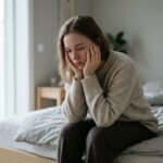 افسردگی و راهکارهای عملی سلامت روان؛ از کجا شروع کنیم؟ زن جوان با حالت خستگی و اندوه واقعی در نور صبحگاهی، نماد تجربهٔ افسردگی