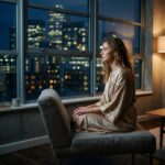زن جوان تنها کنار پنجره در شب، نماد فشار فرهنگی و درون‌نگری