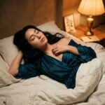 زن جوان با چهرهٔ ایرانی-کره‌ای در بستر شبانه، نماد کشمکش میان میل و فشار فرهنگی