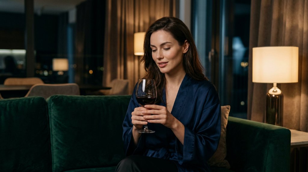 A woman alone at night with a glass of red wine, reflecting on the popular belief about wine and health
