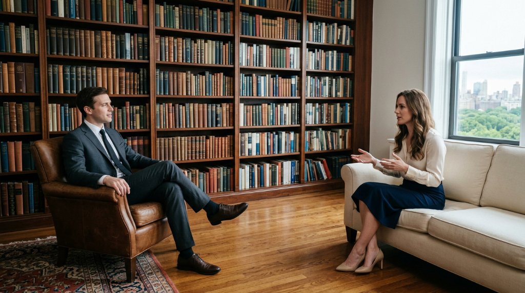 Psychotherapy session with a therapist and a female client in a library-lined room overlooking Central Park