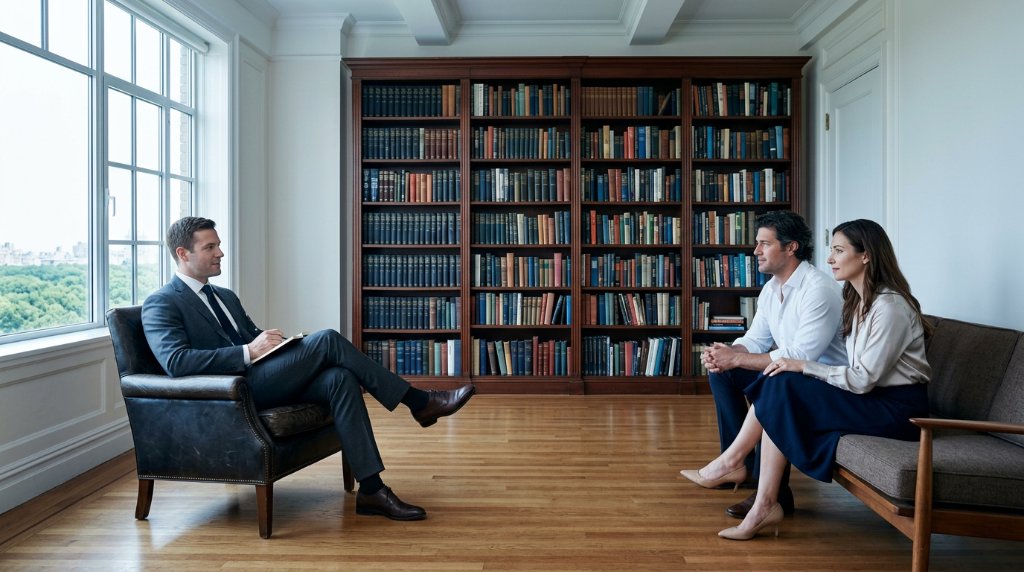 Couples therapy session with a psychologist discussing kink and sexual satisfaction