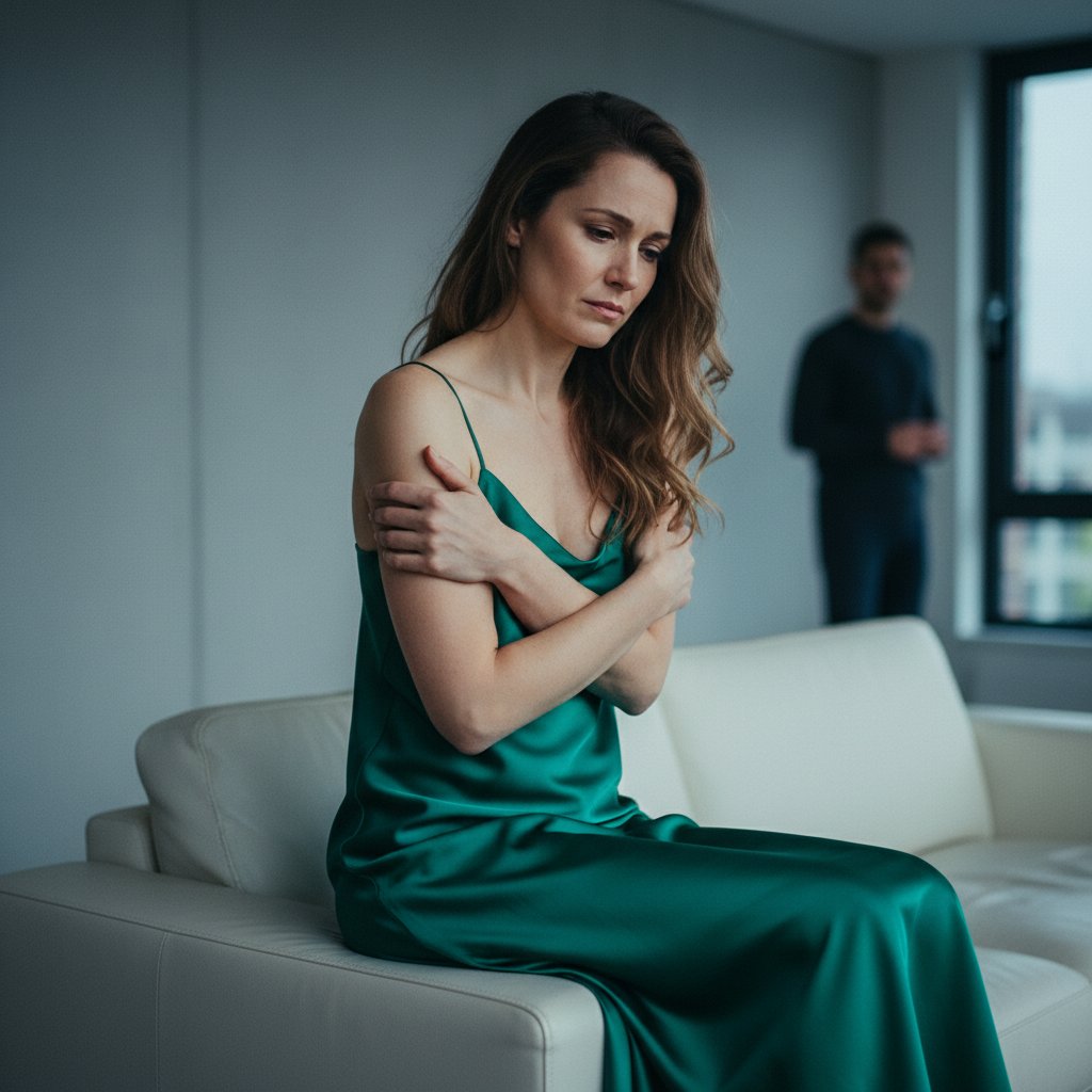 خیانت زناشویی — زن جوان با حالتی محتاط و آسیب‌دیده و شریکش در پس‌زمینهٔ محو