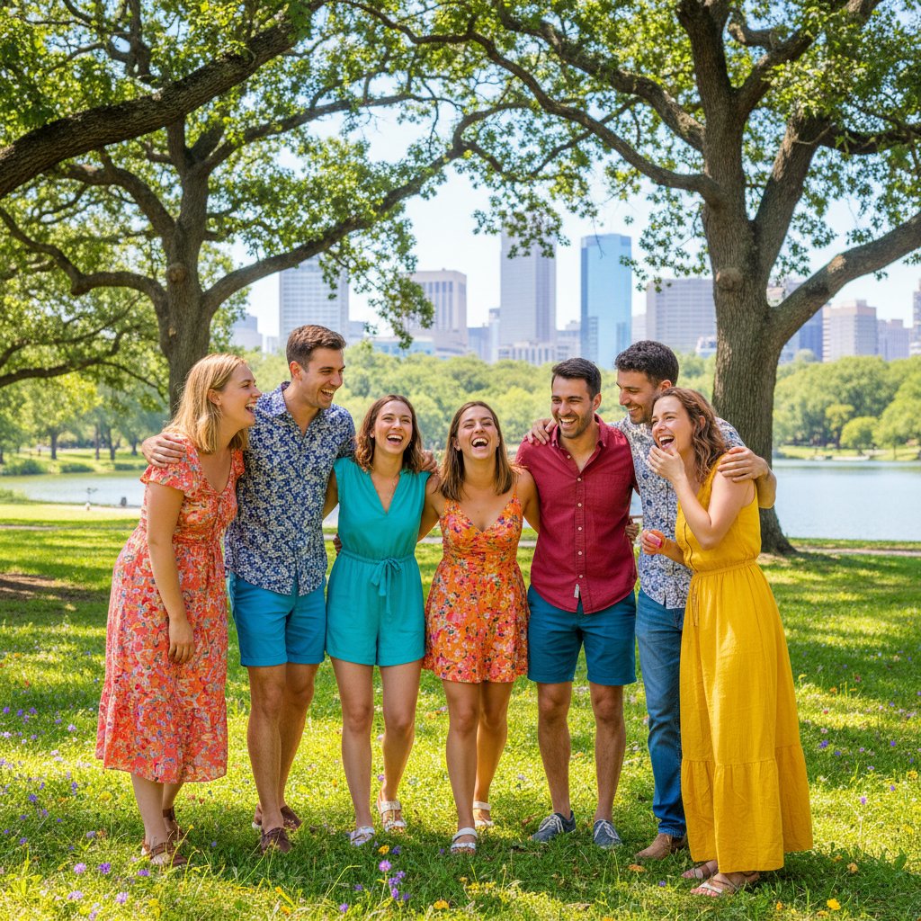 Mental wellbeing — happy friends in colorful clothes laughing in a sunny park