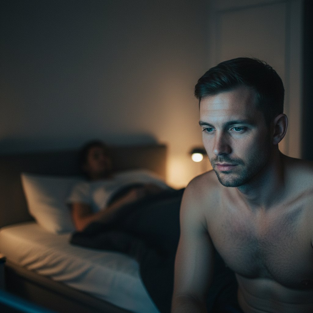 pornography use and couples — man sitting alone at night on the edge of a bed lit by cold screen light while his partner sleeps behind him