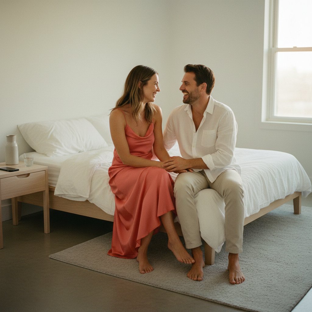 rebuilding intimacy — young couple sitting on the edge of a bed in morning light laughing with phones face down and forgotten