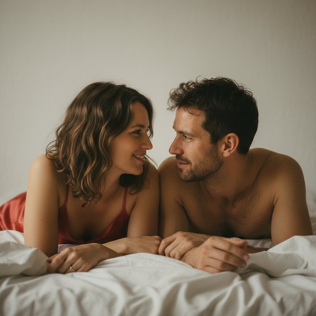 زودانزالی — زوج جوان روبه‌روی هم روی تخت در گفت‌وگویی صادقانه با نور گرم