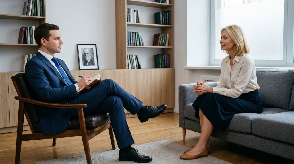 Male psychologist in a tie in professional conversation with a female client in an office; menopause and sexual health