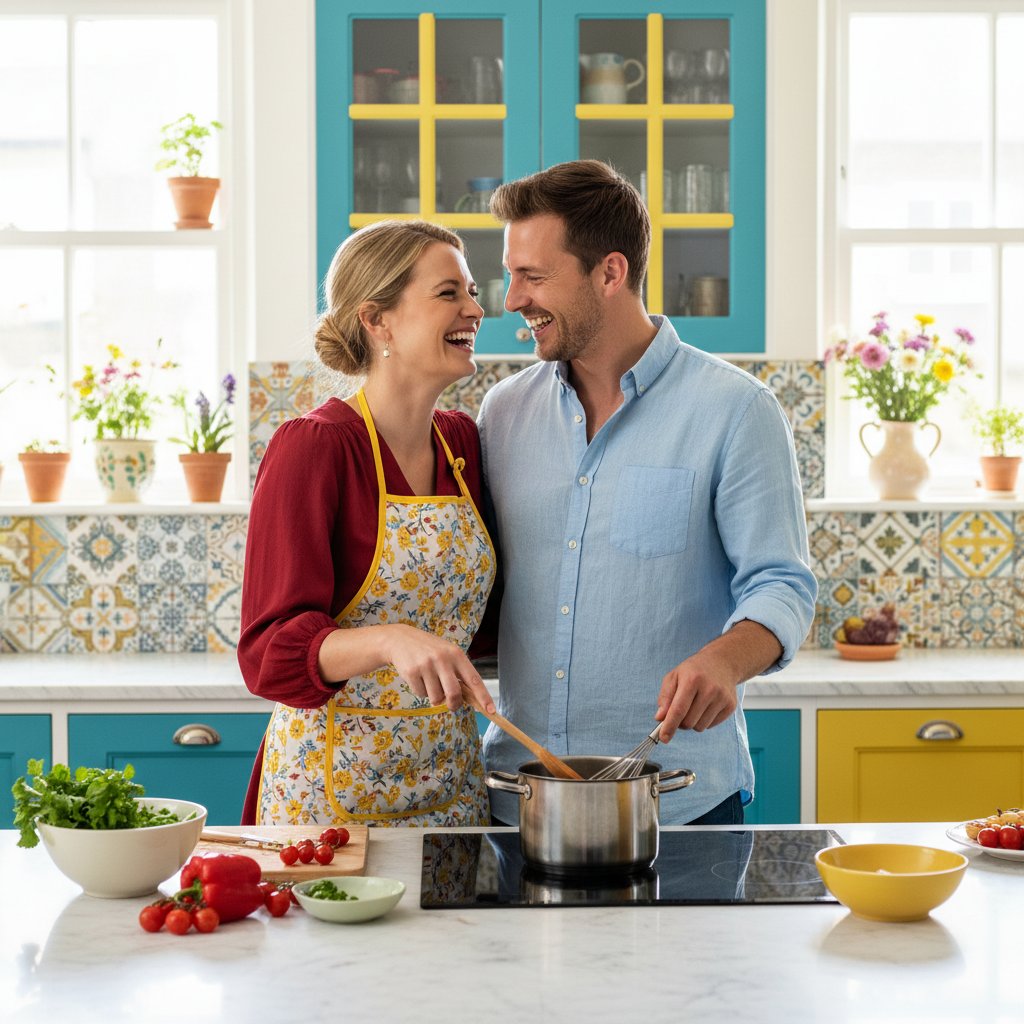 Couple rebuilding intimacy — joyful cooking together in a bright kitchen