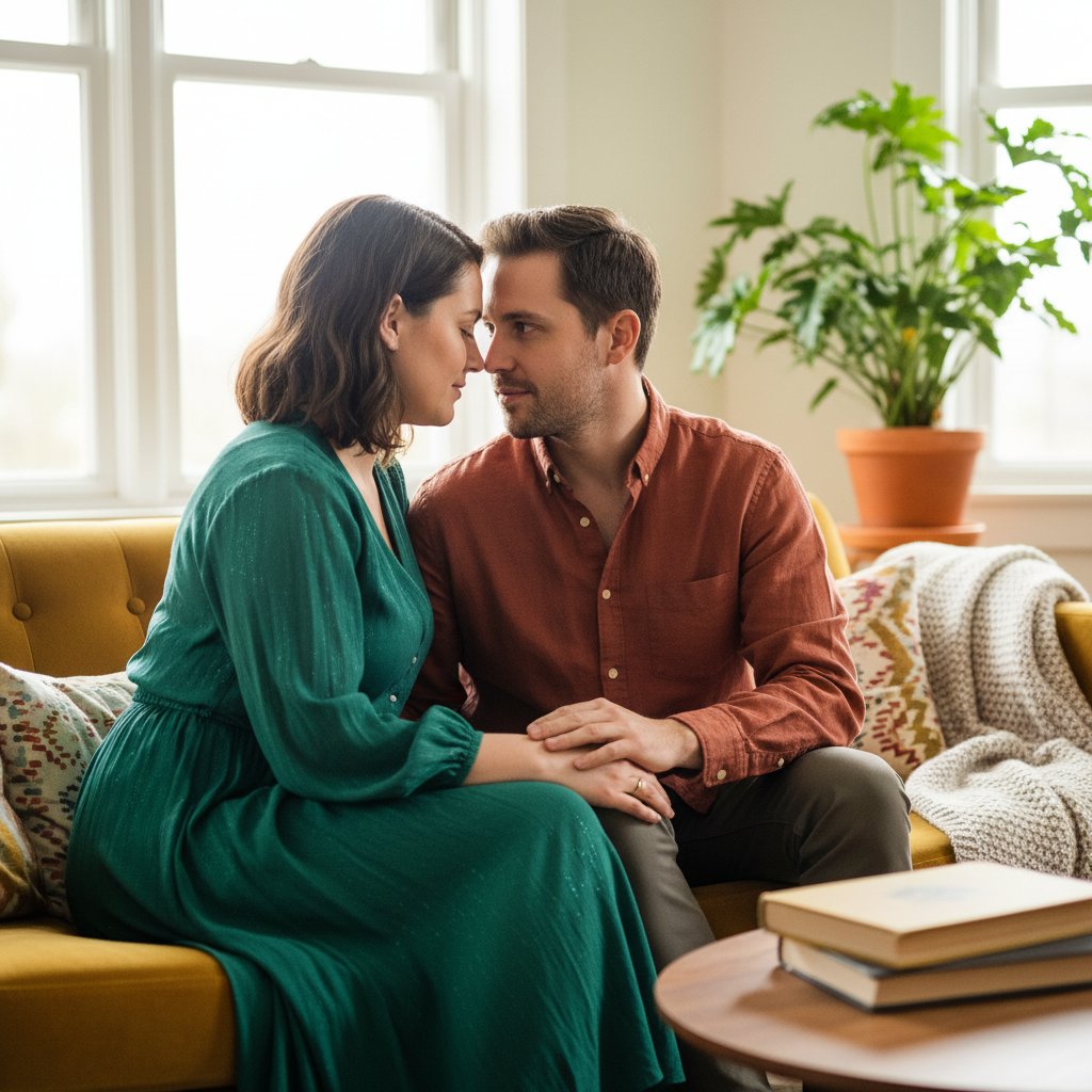 Repairing the relationship after conflict — heartfelt couple conversation on a yellow sofa
