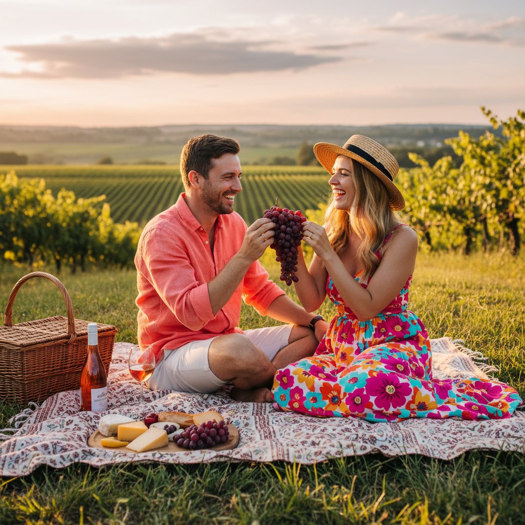 Benefits of red grapes — happy couple sharing grapes at a vineyard picnic