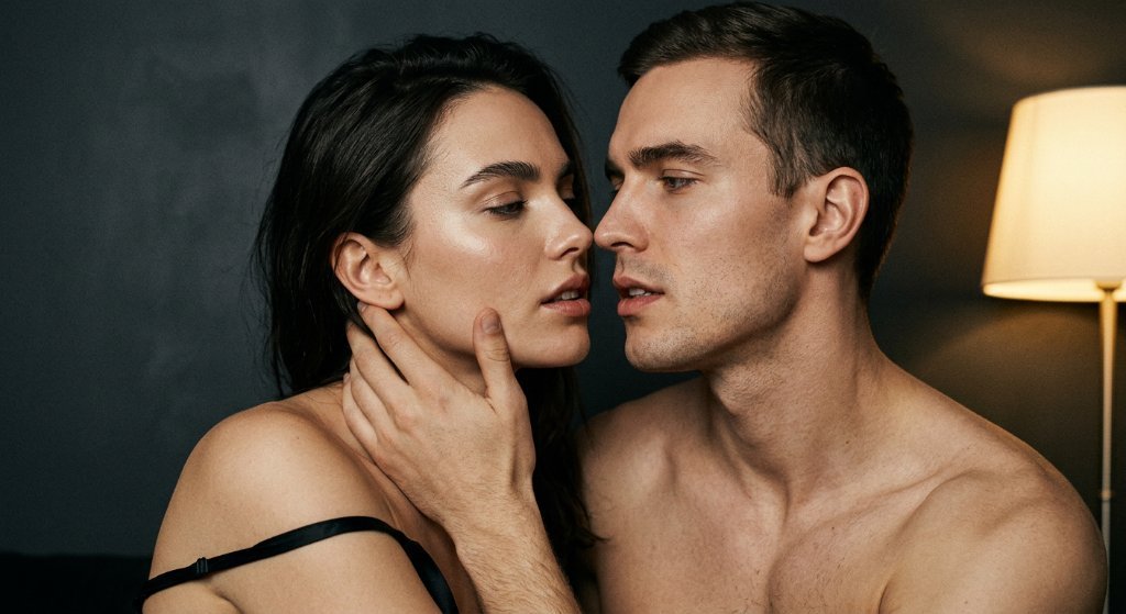 A couple at kiss distance in warm lamplight, her hand at his jaw — sexual communication and intimacy