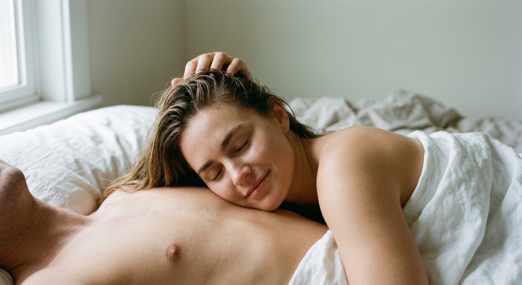 A woman resting on her partner bare chest in morning light with a quiet half-smile — sexual satisfaction and closeness