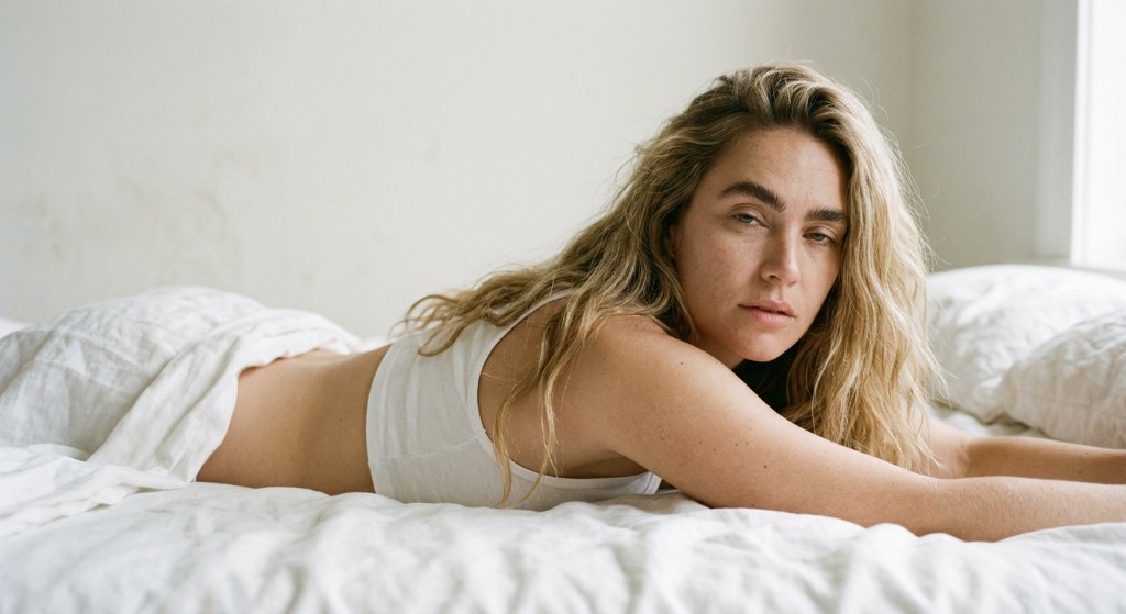 A woman awake in bed after sleep, propped on her forearms with a direct gaze — sleep duration and next-day desire