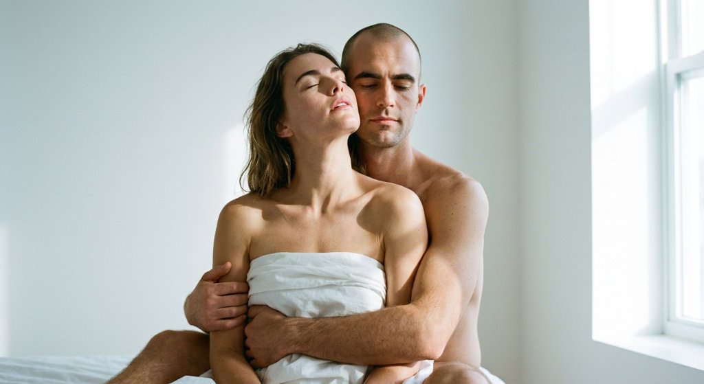 A couple sitting up together at dawn, her back against his chest and her head tipped back on his shoulder — rest and intimacy