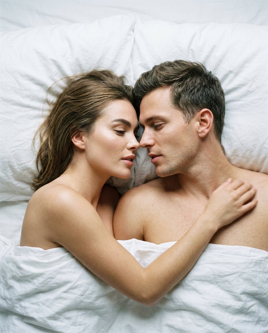 A couple lying close on white sheets seen from above, faces turned toward each other — talking about sex in a relationship