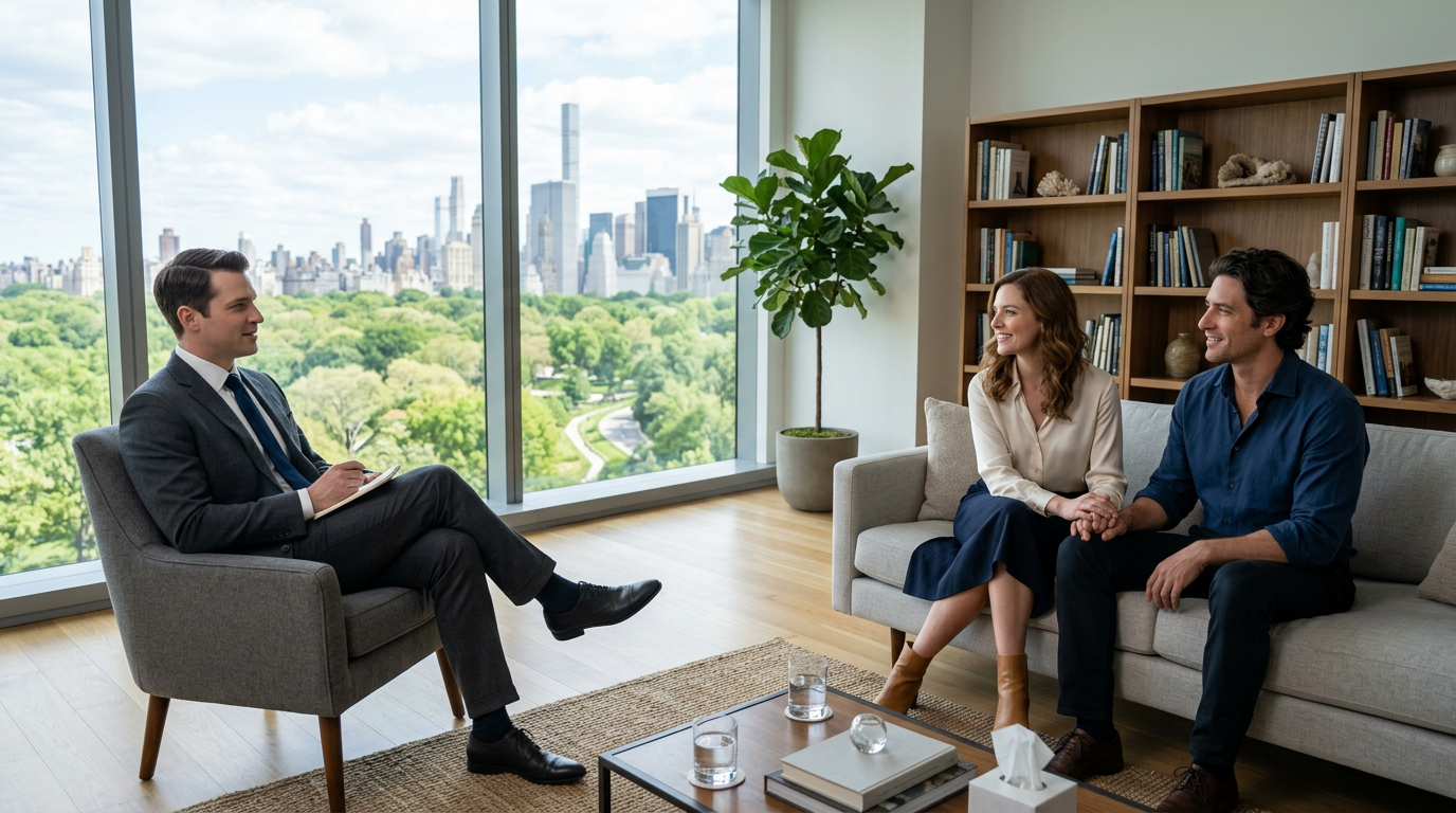 A couple holding hands facing a psychotherapist in his office