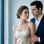 زوج جوان و آراسته کنار پنجرهٔ برج شهری — هزینهٔ عروسی و تصمیم مالی مشترک