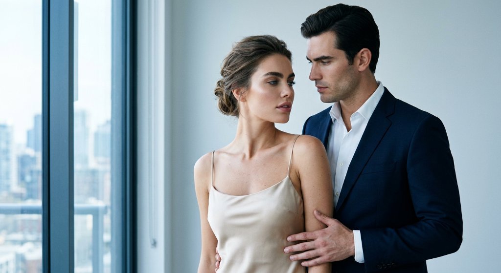 زوج جوان و آراسته کنار پنجرهٔ برج شهری — هزینهٔ عروسی و تصمیم مالی مشترک