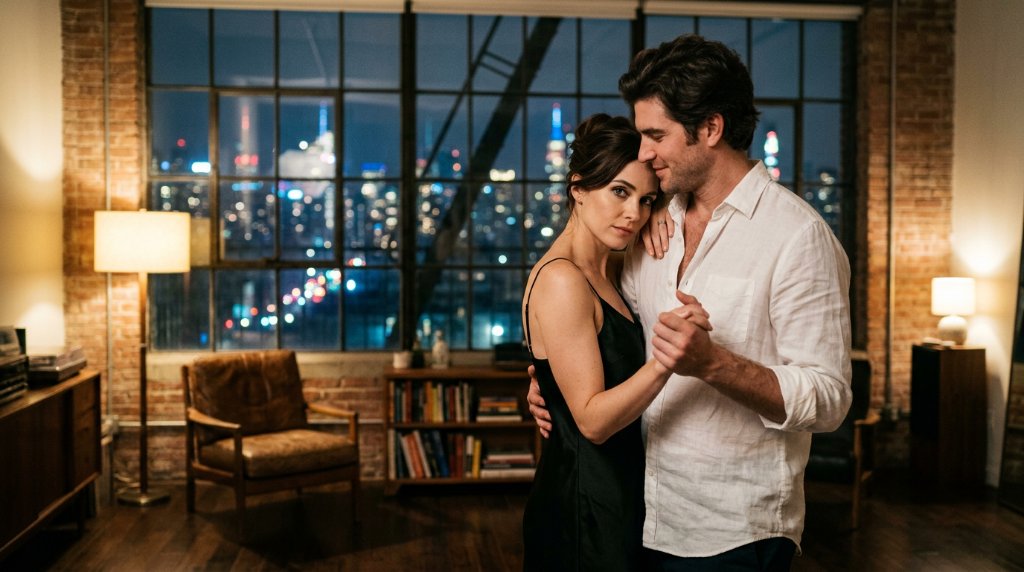 Couple slow dancing in a night loft with a city view; sexual interests and behaviour in the United States