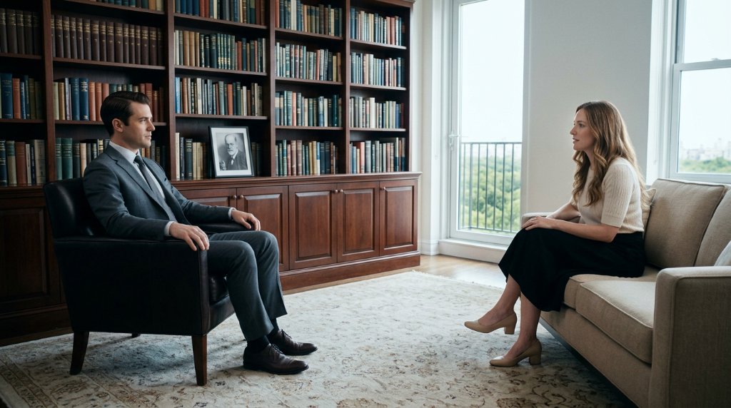Psychologist in a consulting room with a library and an engaged woman client; talk about sexual interests