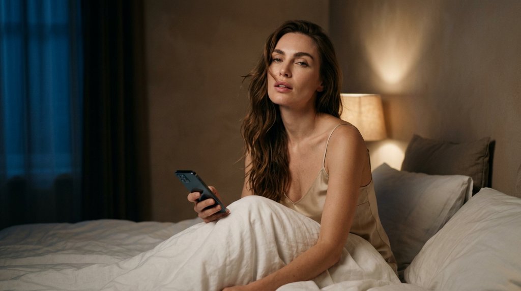 Young woman in a silk slip sitting up in bed at night holding her phone, waiting for a message, illustrating anxious attachment and fear of abandonment