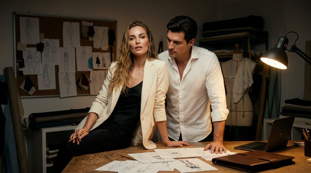 Couple working together in a fashion atelier after midnight, life partners and business partners at one table