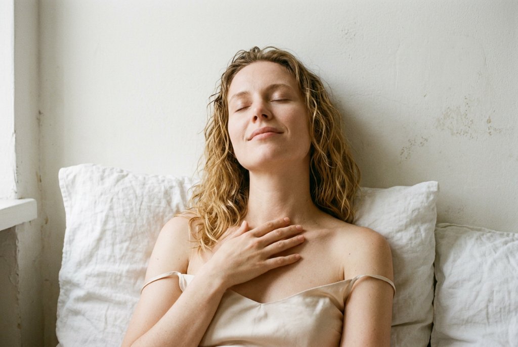 A young woman lying back on white linen in a moment of release; image accompanying the discussion of brain activity during orgasm