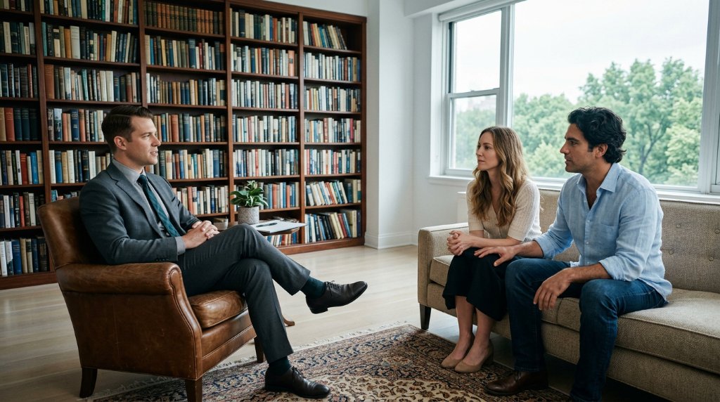Psychologist in a couples session with a library and a park window; talk about the body clock and desire