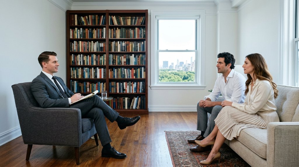 Psychologist in a suit and tie in a library-lined consulting room talking with a married couple about fear of abandonment