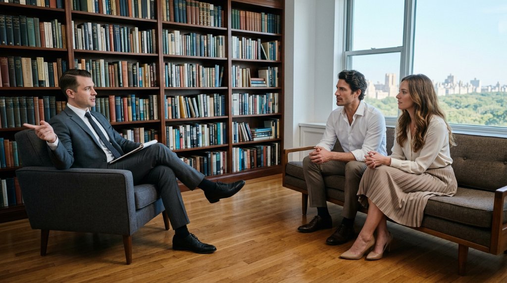 Psychologist talking with a married couple about consent and sexual communication