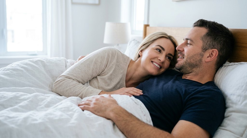 A calm, close couple in bed in the morning, a sign of body acceptance in a relationship