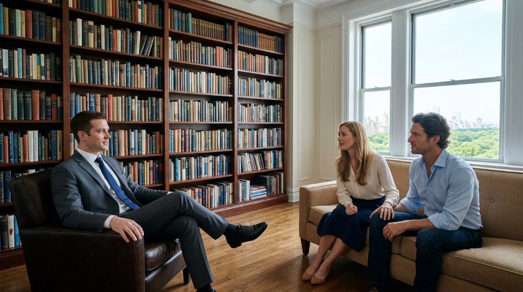Therapist facing a couple in a consultation room with a large bookshelf and a view of Central Park; assessing erectile dysfunction together