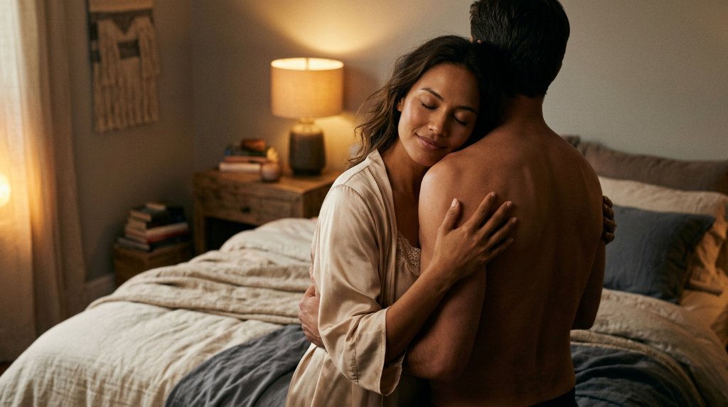 Hugging and stress: a hug from behind in the bedroom