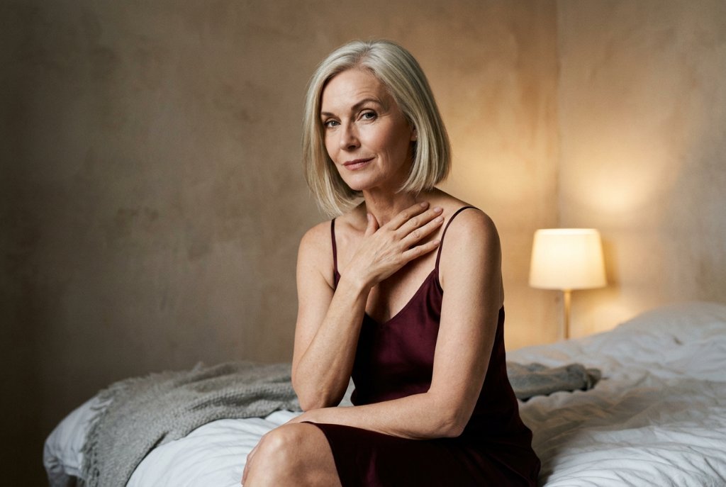 A woman in her sixties in a silk slip beside a bed; image accompanying the discussion of sexual desire in older adults