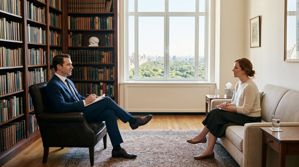 A psychologist in a consultation with a client about brain activity during orgasm, with a library wall and a view of Central Park