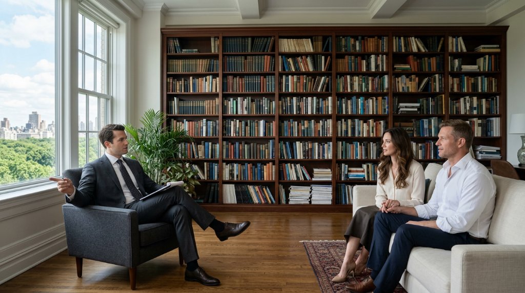 A psychotherapist and a married couple in a conversation about body image and sex