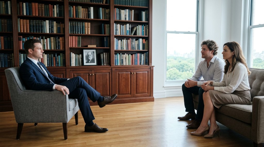 Therapist in a suit and tie during a couples counseling session about the boundary between work and relationship