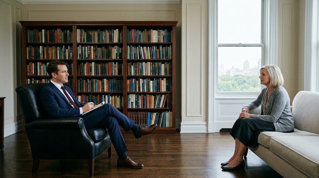 A psychologist in a consultation with an older client about sexual desire, with a library wall and a view of Central Park