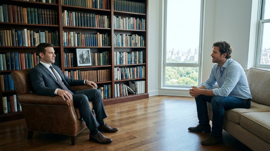 Male psychologist in a consulting room with a library and a young male client discussing porn, the brain and mental health