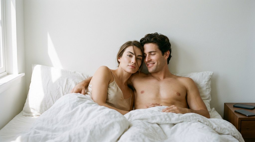 Attractive young couple relaxed in bed in morning light, phones face-down — porn and erectile dysfunction in young men