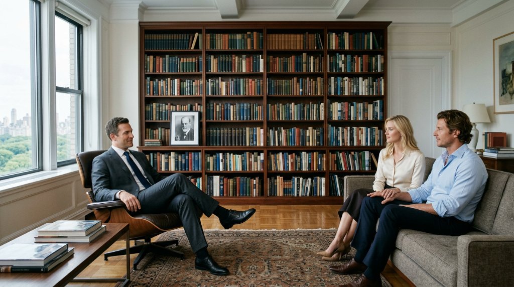 Male psychologist in a library consulting room talking with a young couple about porn use and erectile problems