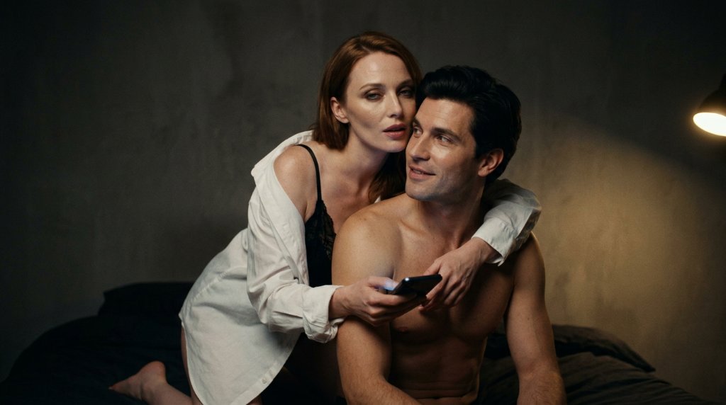 Attractive woman gently takes a glowing phone from her partner at night — problematic porn use and couple intimacy